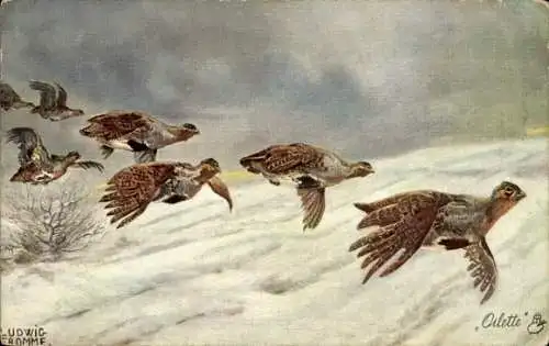 Künstler Ak Fromme, Ludwig, Rebhühner im Flug, Winter