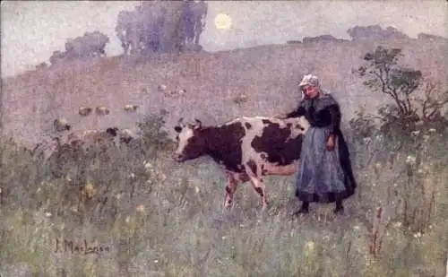 Künstler Ak MacLaren, J., Frau mit Kuh auf der Wiese