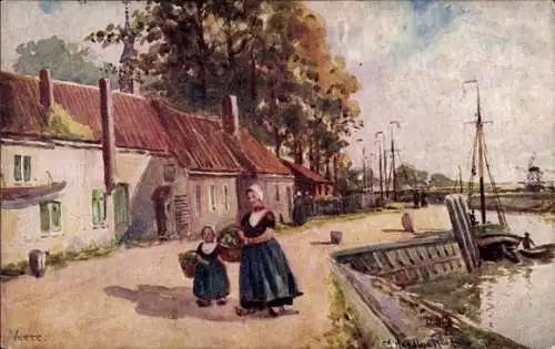 Künstler Ak Veere Zeeland Niederlande, Straßenansicht, Mutter mit Kind