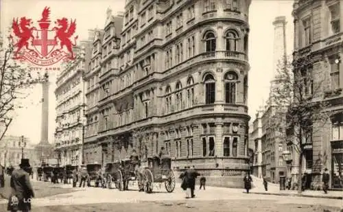Ak London England, Northumberland Avenue, Kutschen, Wappen