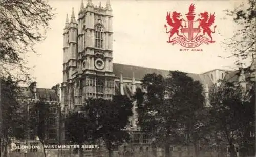 Ak London, Blick durch Bäume zum Westminster Abbey