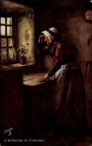 Künstler Ak Thrums Schottland, Frau am Fenster, Scottish Life and Character