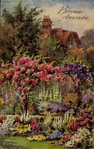 Künstler Ak Bonne Année, Garten vor Herrenhaus