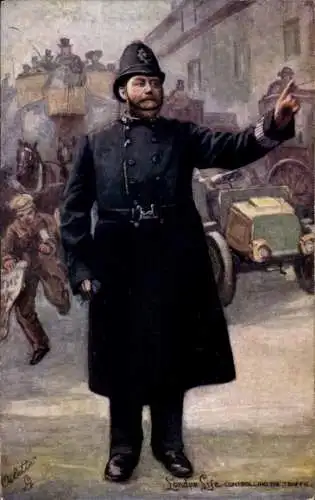 Künstler Ak London City, Verkehrspolizist regelt den Verkehr