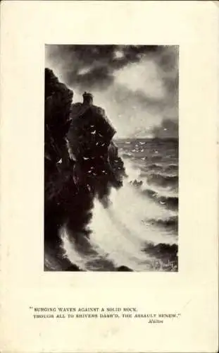 Passepartout Ak Spruch Milton: "Surging waves against a solid rock, though all to shivers dash'd..."