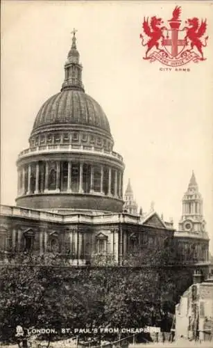 Ak London England, St. Pauls von der Cheapside aus gesehen, Stadtwappen