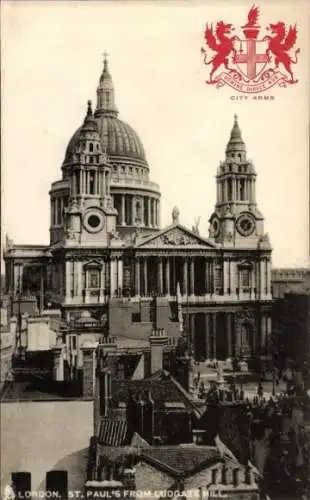 Ak London England, St. Pauls von Ludgate Hill aus gesehen, Stadtwappen