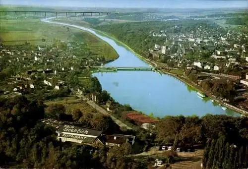 Ak Kettwig Essen im Ruhrgebiet, Gesamtansicht mit Stausee und Ruhrtalbrücke Mintard