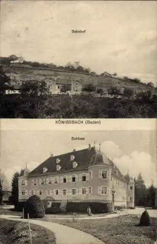 Ak Königsbach Stein Baden Württemberg, Bahnhof, Straßenseite, Schloss, Gesamtansicht