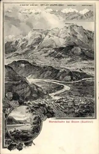 Ak Bozen Bolzano Südtirol, Berglandschaft mit Mendelbahn, Ortler-Gruppe, Fluss im Tal, Stadtdetai