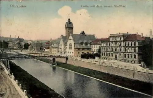 Ak Pforzheim im Schwarzwald, Altstadt mit neuem Stadtbad, Fluss, Brücke,  Gebäude