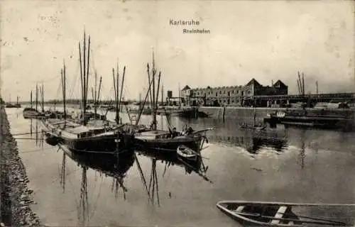 Ak Karlsruhe in Baden, Hafenansicht, Boote, Rheinhafen,  Aufnahme, stimmungsvolle Atmosphäre