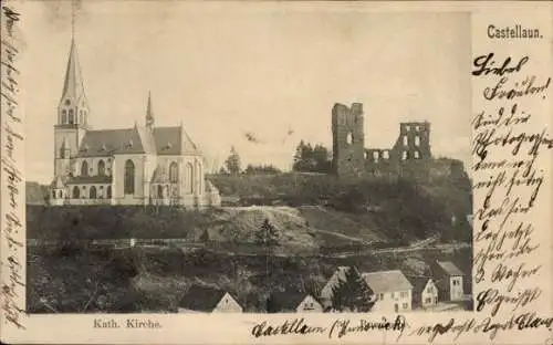 Ak Kastellaun im Hunsrück, Kath. Kirche, Burgruine
