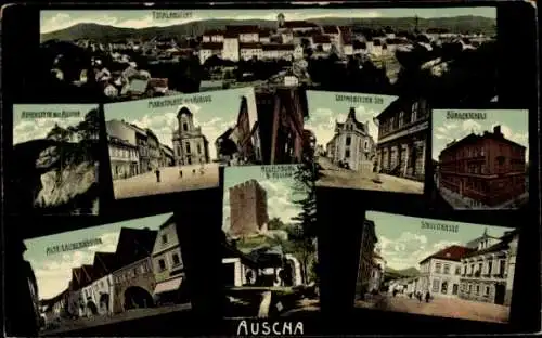 Ak Úštěk Auscha Region Aussig, Gesamtansicht  Marktplatz, Helfenburg, Schulstraße