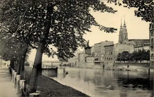 Ak Opole Oppeln Schlesien, Historische Stadtansicht, Fluss, Bäume, Gebäude, Kirche
