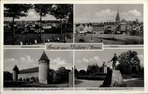 Ak Bytów Bütow Pommern, Gesamtansicht, Gruss aus  Markt, Ordensburg Rutoro, Kriegerdenkmal