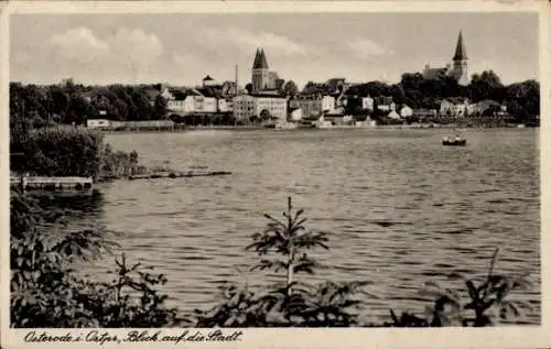 Ak Osterode am Harz, Blick auf die Stadt, Wasserfläche im Vordergrund, Bäume, Kirchen