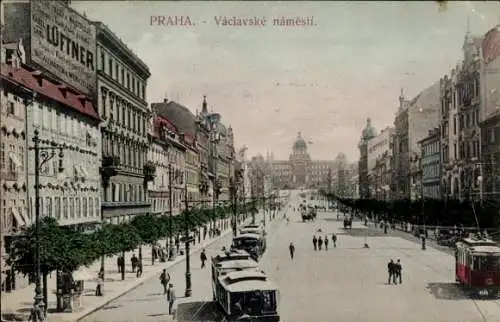 Ak Praha Prag Tschechien, Václavské náměstí,  Gebäude, Straßenbahnen, Menschen