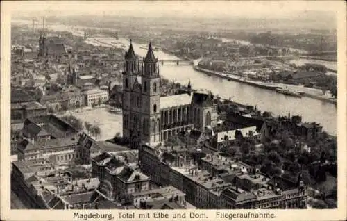 Ak Magdeburg an der Elbe, Totalansicht mit Elbe und Dom, Fliegeraufnahme