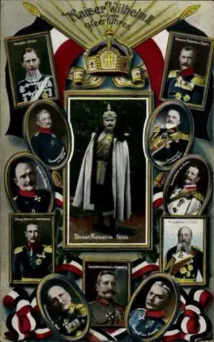 Ak Kaiser Wilhelm II., Kronprinz, Heerführer, von Tirpitz, Hindenburg, von Emmich, Portraits