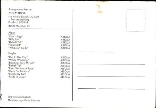 Ak Sänger Billy Idol, Portrait