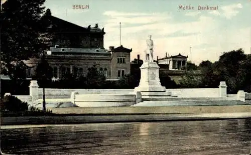 Ak Berlin Mitte, Moltke Denkmal, Gebäude im Hintergrund, Bäume