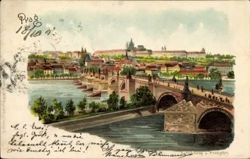 Ak Praha Prag Tschechien, Stadtansicht  Karlsbrücke, historische Gebäude, Wasser