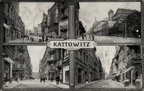 Ak Katowice Kattowitz Oberschlesien, Querstraße, Direktionsstraße, Grundmannstraße