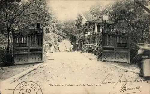 Ak Vincennes Val de Marne, Restaurant de la Porte Jaune, Bäume, Toranlage, Weg