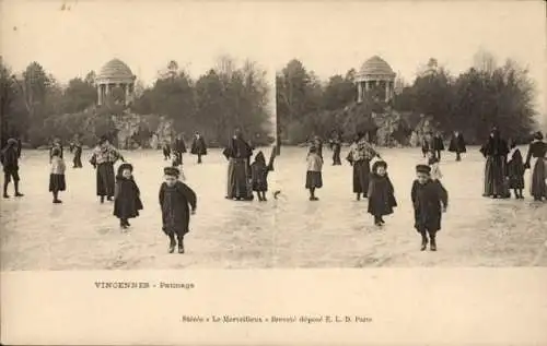 Stereo Ak Vincennes Val de Marne, Winter, Kinder beim Schlittschuhlaufen