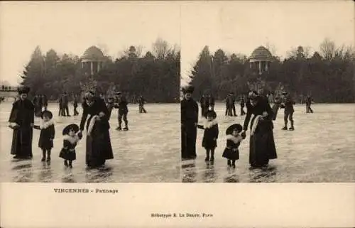 Ak Vincennes Val de Marne, Eislaufplatz, Frauen, Kinder, Eisläufer, winterliche Landschaft