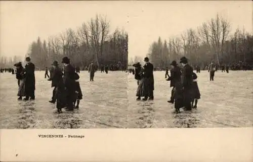 Ak Vincennes Val de Marne, Schlittschuhlaufen, Menschen auf einer Eisfläche, Bäume im Hintergrund