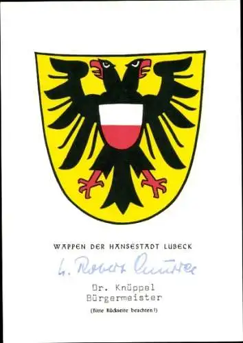 Foto Politiker Dr. Knüppel Bürgermeister der Hansestadt Lübeck, Autogramm, Wappen