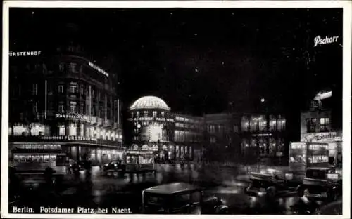 Ak Berlin Tiergarten, Potsdamer Platz bei Nacht, Fürstenhof, Kempinski Haus