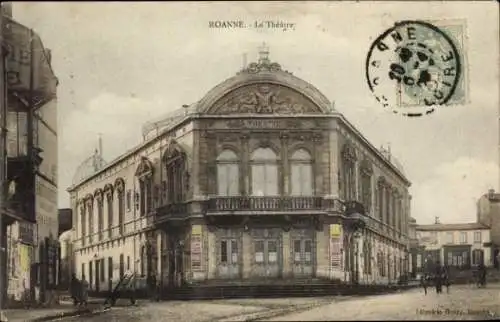Ak Roanne Loire, Theatergebäude, Farben überarbeitet, Plakate an Wänden, Fußgänger
