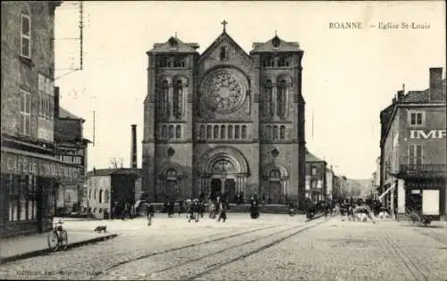 Ak Roanne Loire, Eglise St-Louis, Café de Long, Gebäude, Uferpromenade, Menschen