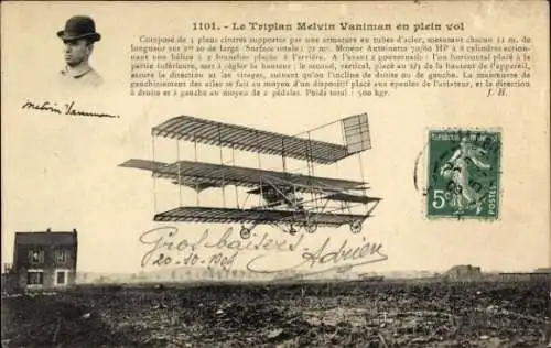 CPA Le Triplan Melvin Vaniman en plein vol, Flugzeug