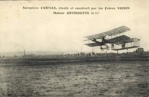 Ak Aeroplane Farman, construit par les Freres Voisin, Moteur Antoinette, Biplan, Flugpioniere