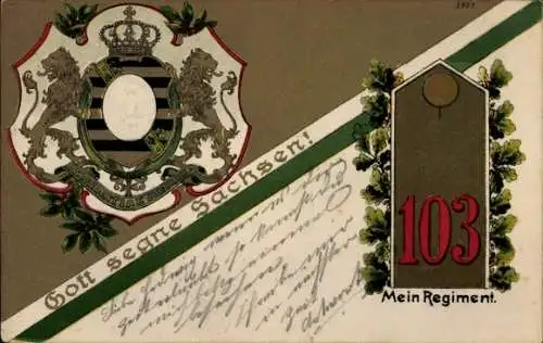 Ak Bautzen in der Oberlausitz, Wappen Sachsen, zwei Löwen, Text: Gott segne Sachsen, 103 Mein ...