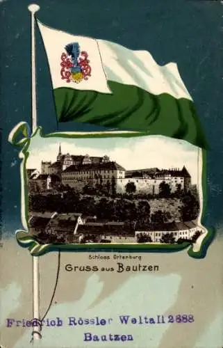 Ak Bautzen in der Oberlausitz, Schloss Ortenburg, Fahne, Wappen