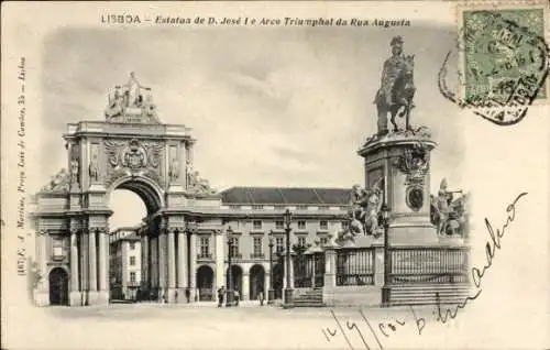 Ak Lisboa Lissabon Portugal, Estatua de D. José, Arco Triumphal, Rua Augusta, s Gebäude