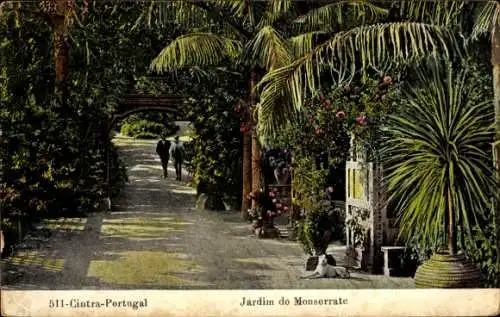 Ak Sintra Cintra Portugal, Gartenansicht, Bäume, Blumen, Spaziergänger, Straße
