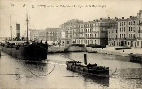 Ak Sète Cette Hérault, Hafenansicht, Schiff, Quai de la République, Stadtarchitektur