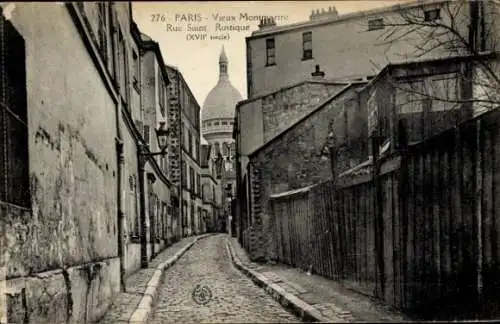 Ak Paris XVIII Montmartre, Vieux Montmartre, Rue Saint Rustique, cobblestone street, buildings