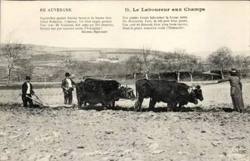 Ak La Celle Auvergne Puy de Dôme, Landwirtschaftsszene, vier Leute mit Ochsen, Gedicht von Etienn