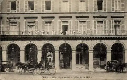 Ak Paris V, Hotel Continental, Eingangsbereich, Pferdekutsche,  Architektur