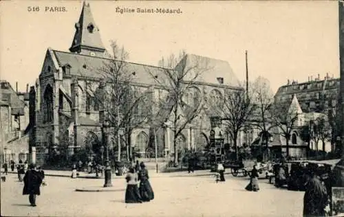 Ak Paris V Panthéon, Église Saint-Médard,  Architektur, Menschen auf der Straße, Bäume