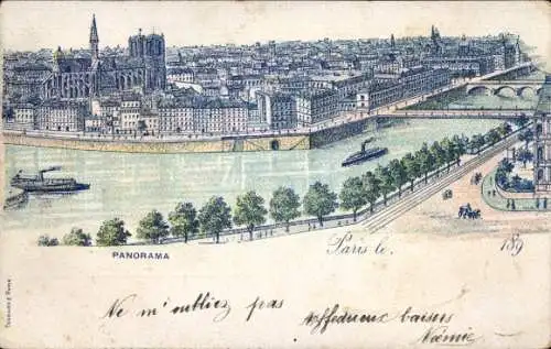 Litho Paris, Panorama, Seine, Kirche Notre Dame
