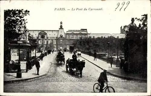 Ak Paris I Louvre, Le Pont du Carrousel, steinerne Brücke, Pferdekutschen, Radfahrer