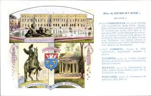 Ak Versailles Yvelines, Statue,  prächtiges Schloss, Gärten, Industrie von Corbeil, Mantes, Ponto